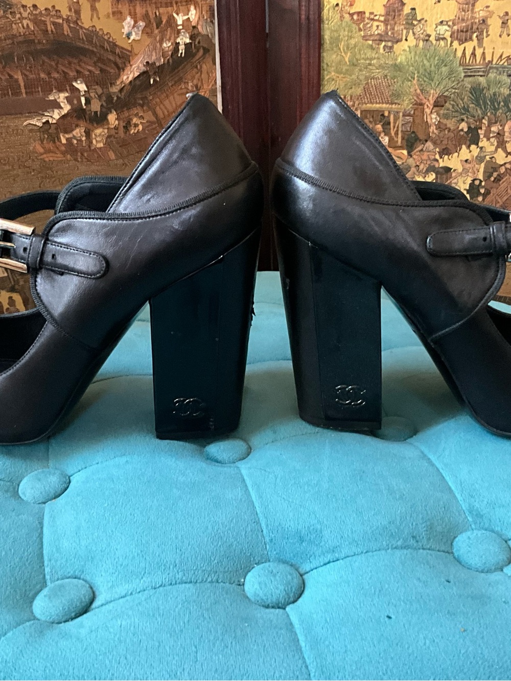 CHANEL Black Patent & Leather Mary Jane Pumps - Picture 4 of 8